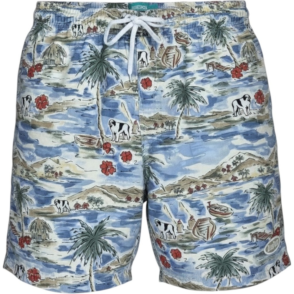Big Dogs Men's 2X Swim Trunks Tropical Island St Bernard Print Blue Board Shorts
